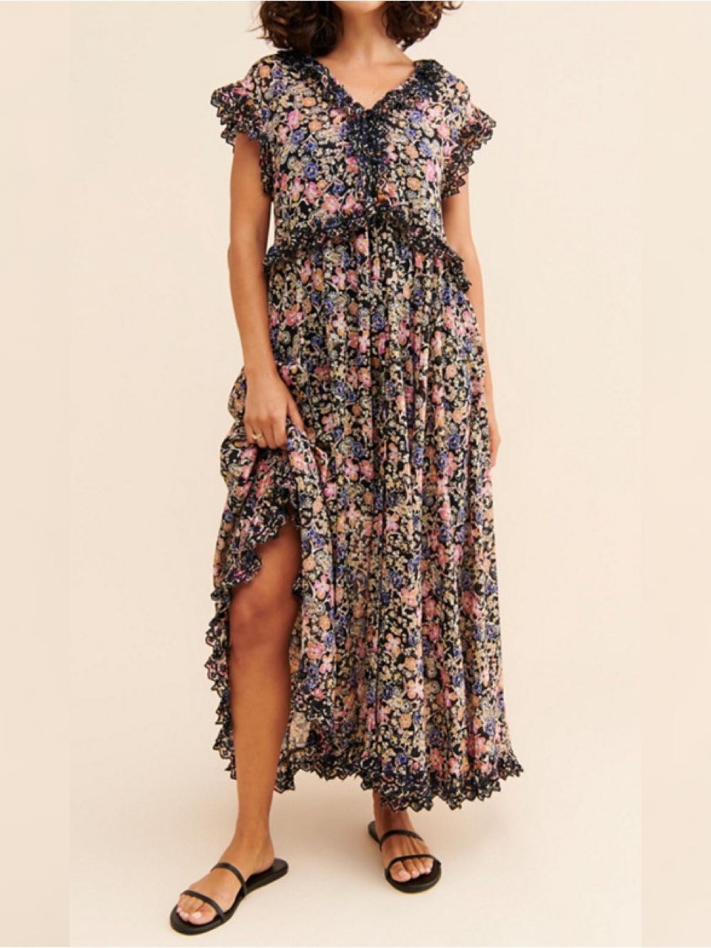 Free People Milania Midi Floral Dress Dark Combo Ruffles Boho Women’s Medium NWT